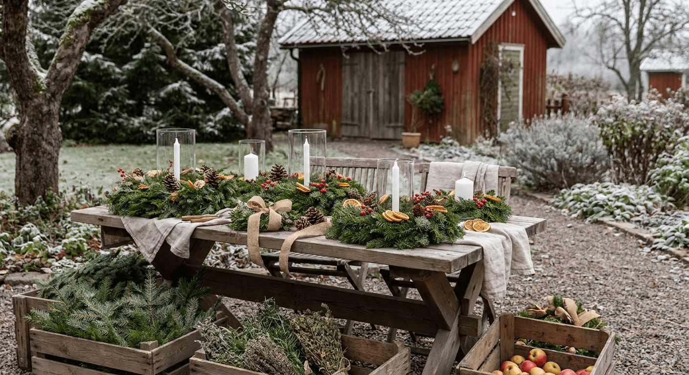 Julbordsdekoration med naturmaterial