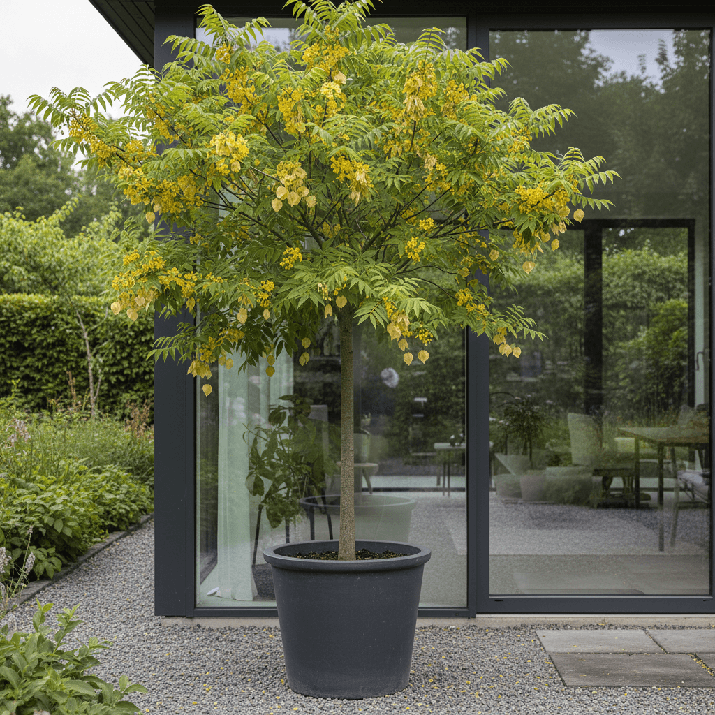 Kinesträd – guldgul blomning i juli