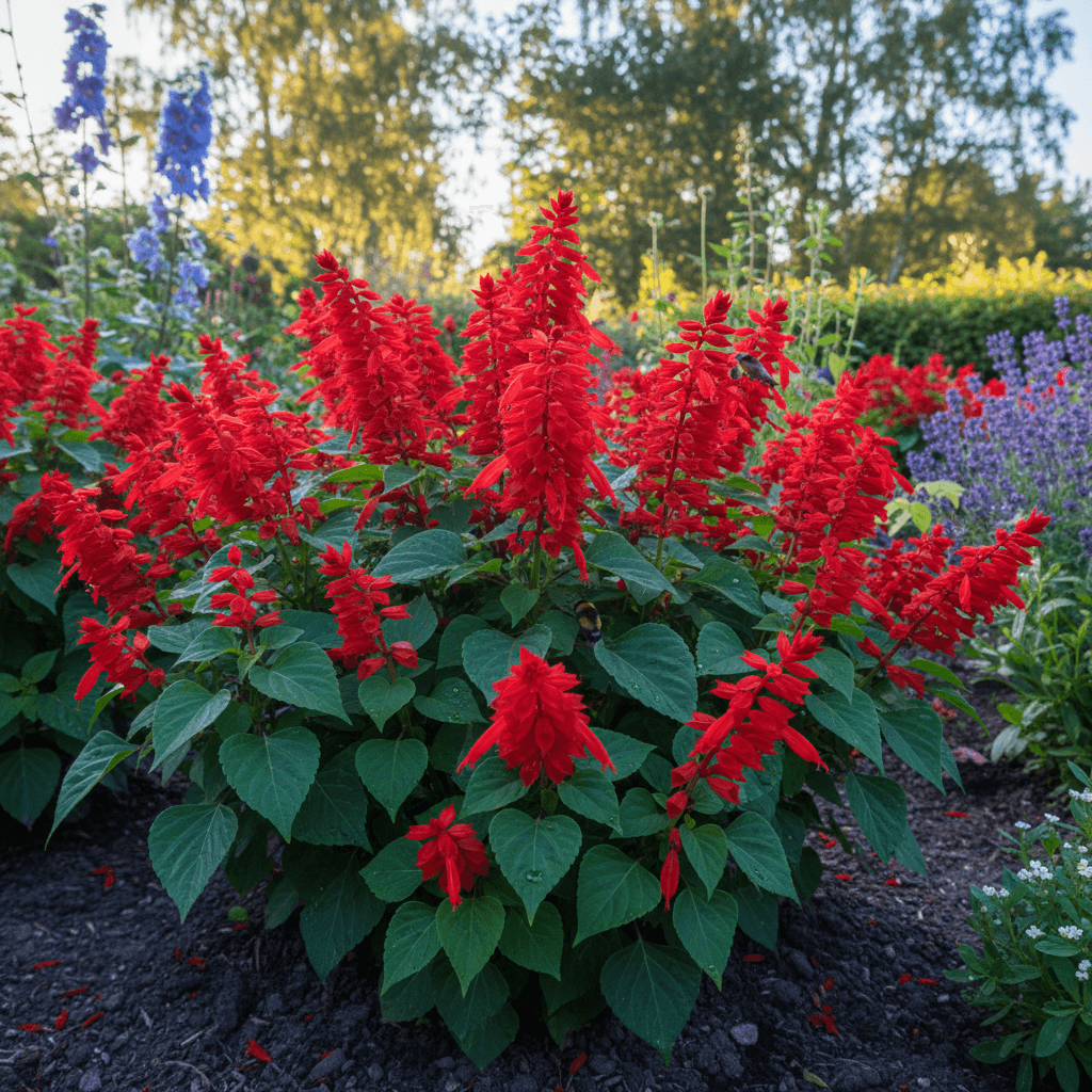 Praktsalvia – röda sommarblommor för rabatt
