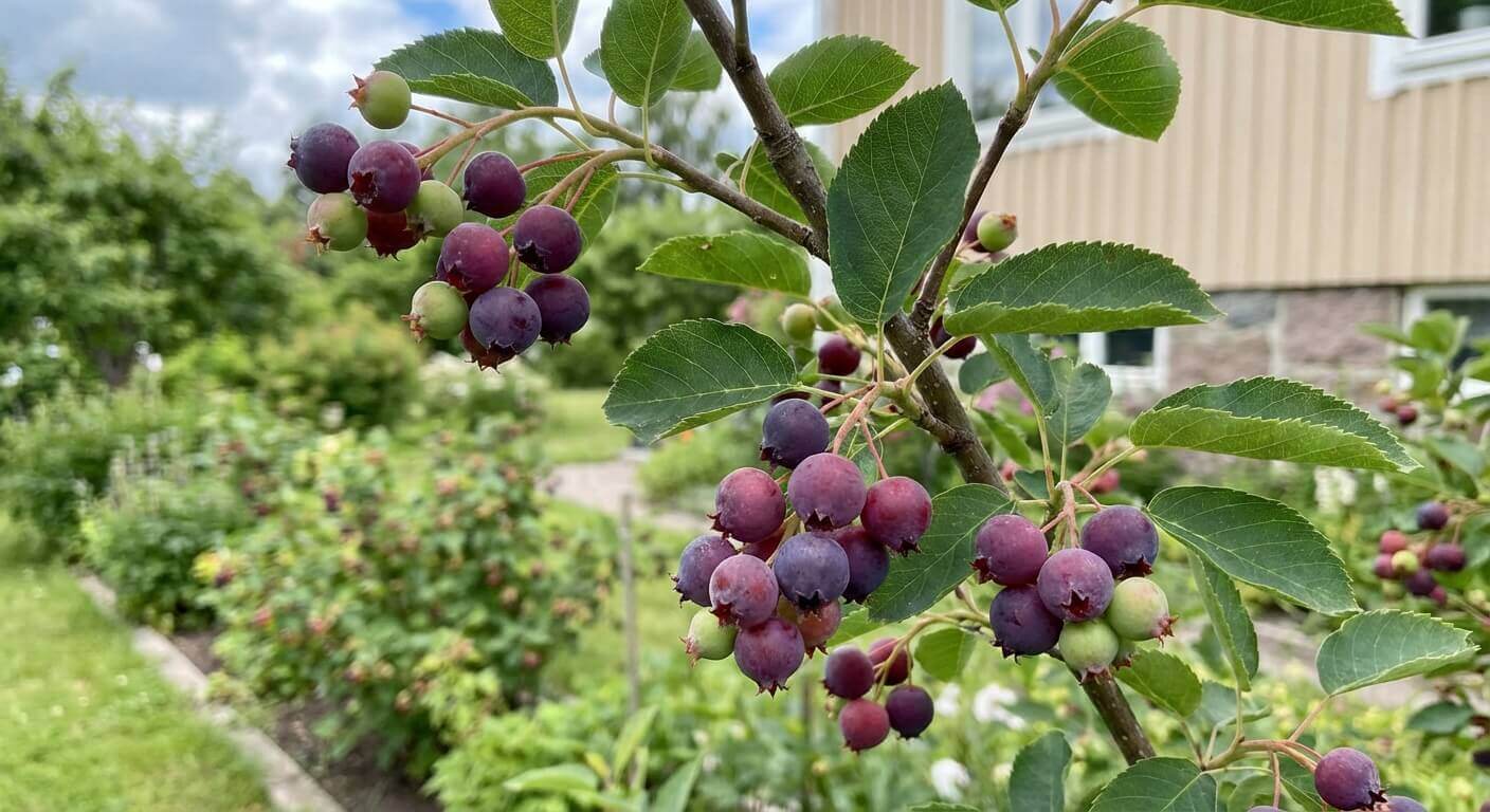Bärhäggmispel 'Smoky' – blåsvarta bär från juli