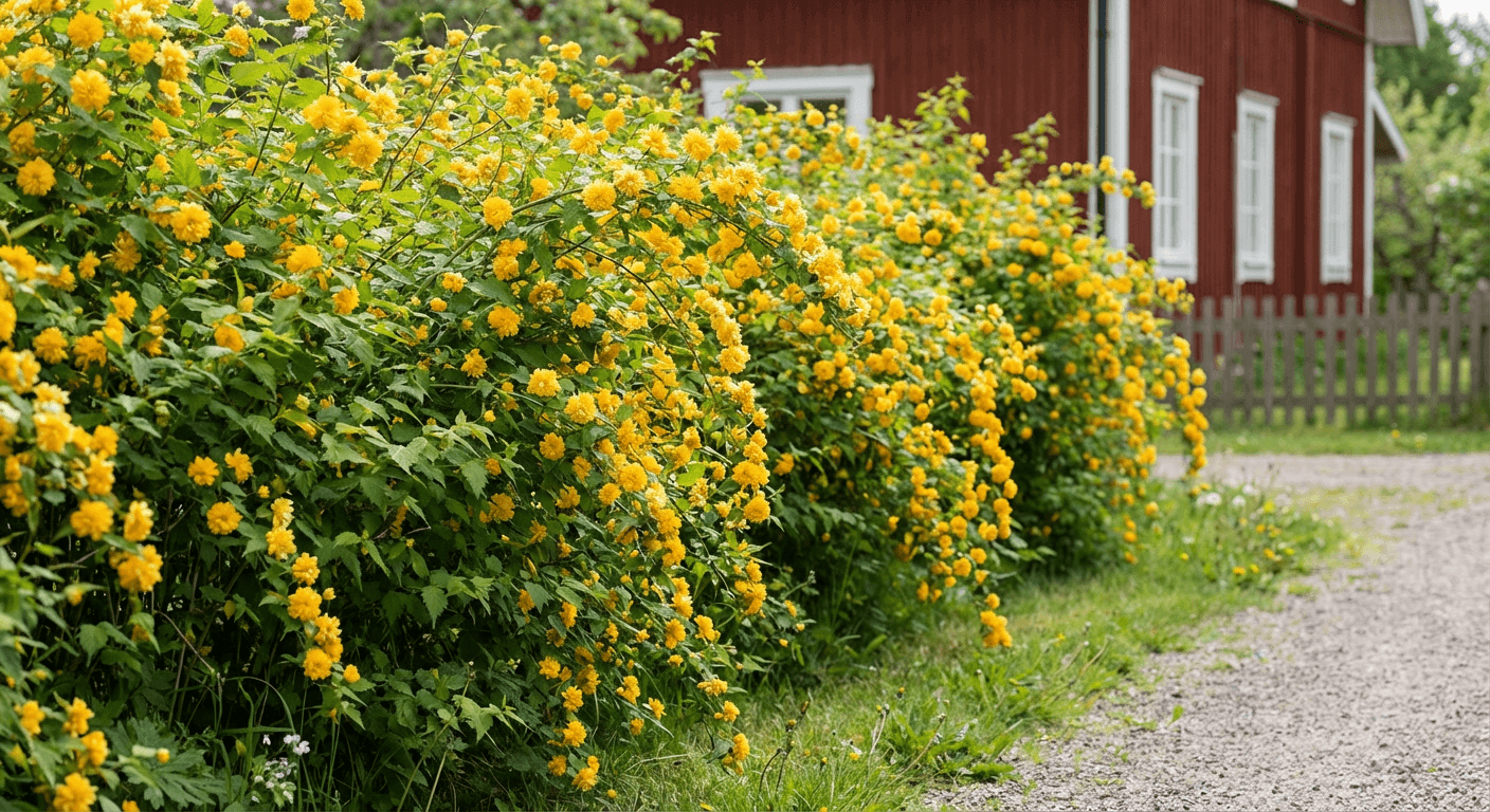 Fylldblommig kerria – tålig häckväxt med guldgula blommor