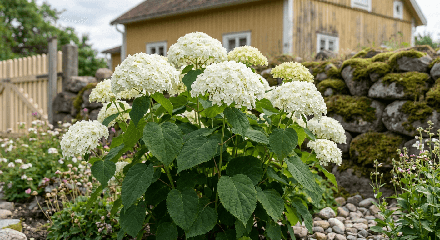 Vidjehortensia 'Strong Annabelle' – vita blomklasar