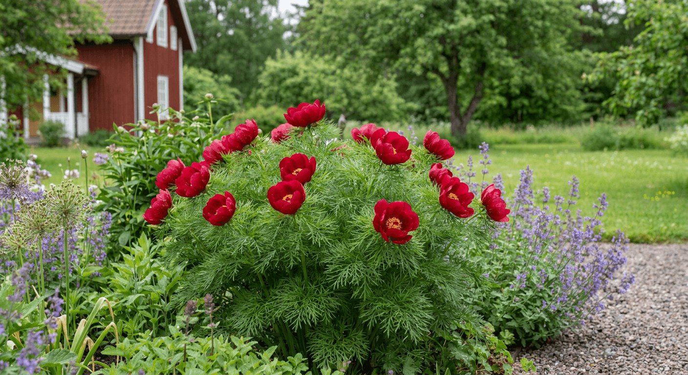 Dillpion – tidiga körsbärsröda blommor