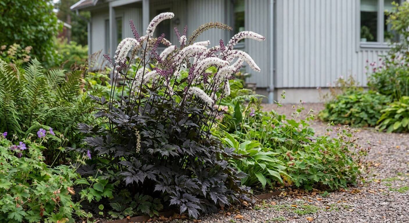 Silverax 'Black Negligee' – mörkblad, vita höstblommor