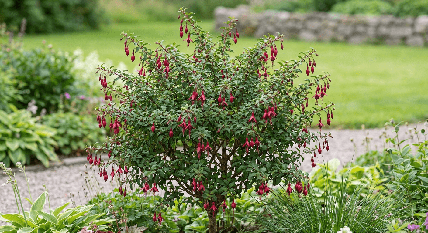 Häckfuchsia 'Riccartonii' – röd-lila blommor juli–oktober