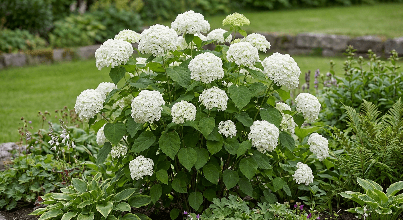 Vidjehortensia 'Annabelle' – vita blombollar i halvskugga