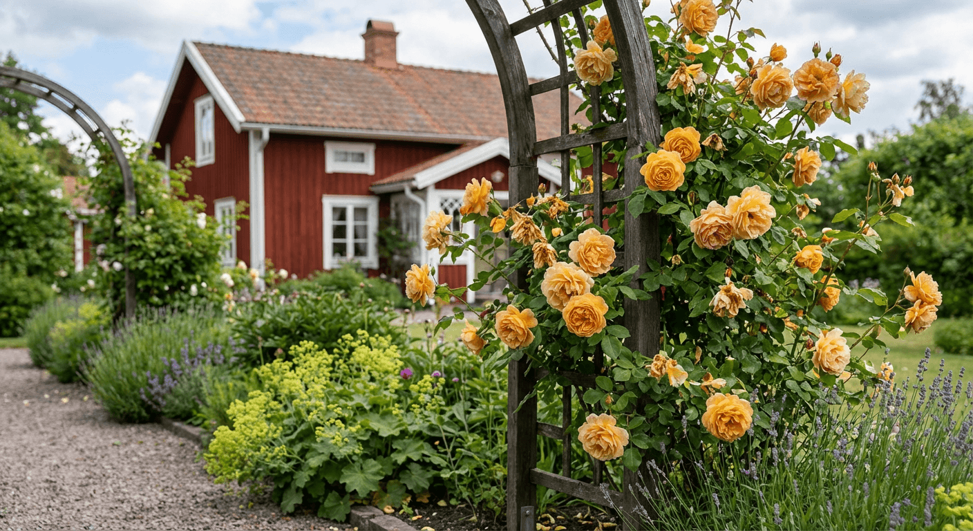Klätterros 'Maigold' – guldgula blommor för spalje
