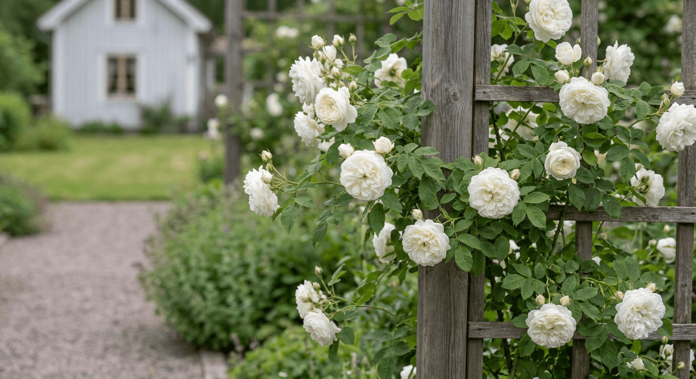Honungsros 'Mme Plantier' – Alba ros med gräddvita blommor