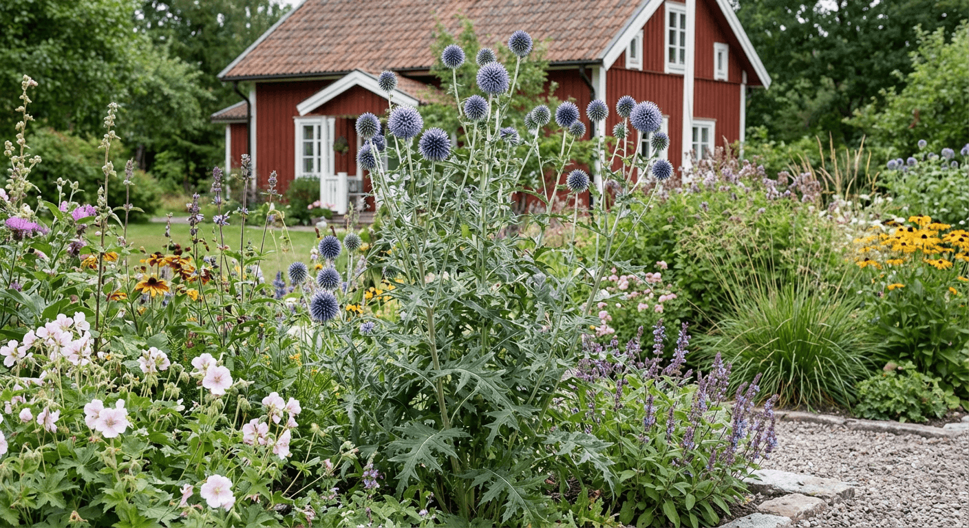 Blå bolltistel – stålblå blomhuvuden för soliga rabatter