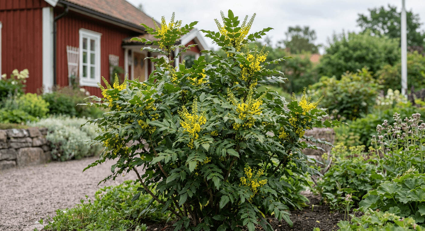 Hybridmahonia – vinterblommande buske med gula blommor