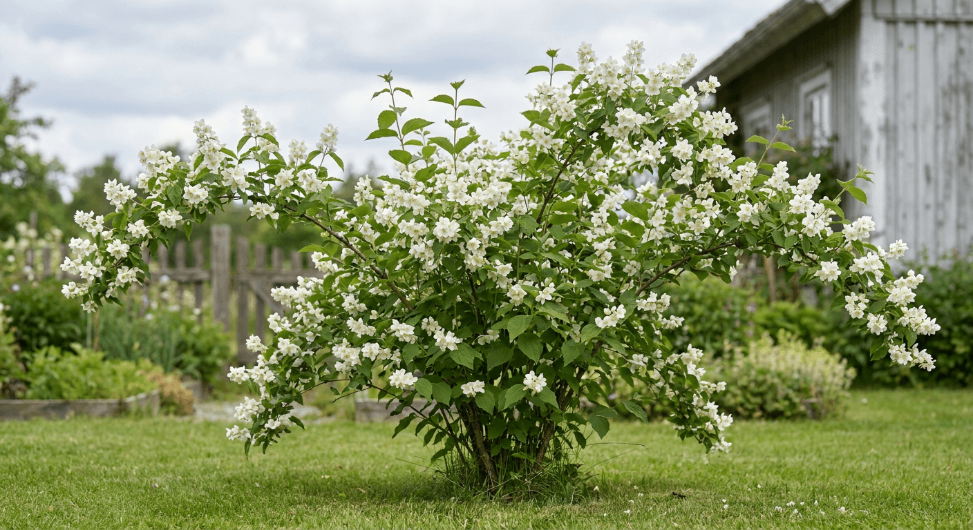 Doftschersmin 'Dame Blanche' – halvdubbla vita blommor i juni–juli