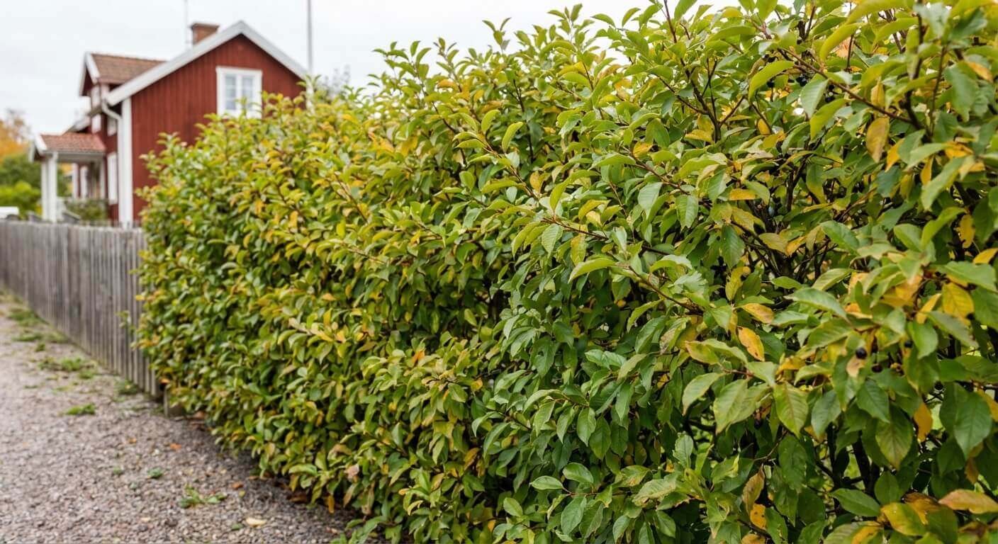 Sena häggbär – Tät häck med mörkgrönt bladverk och vita blomklasar