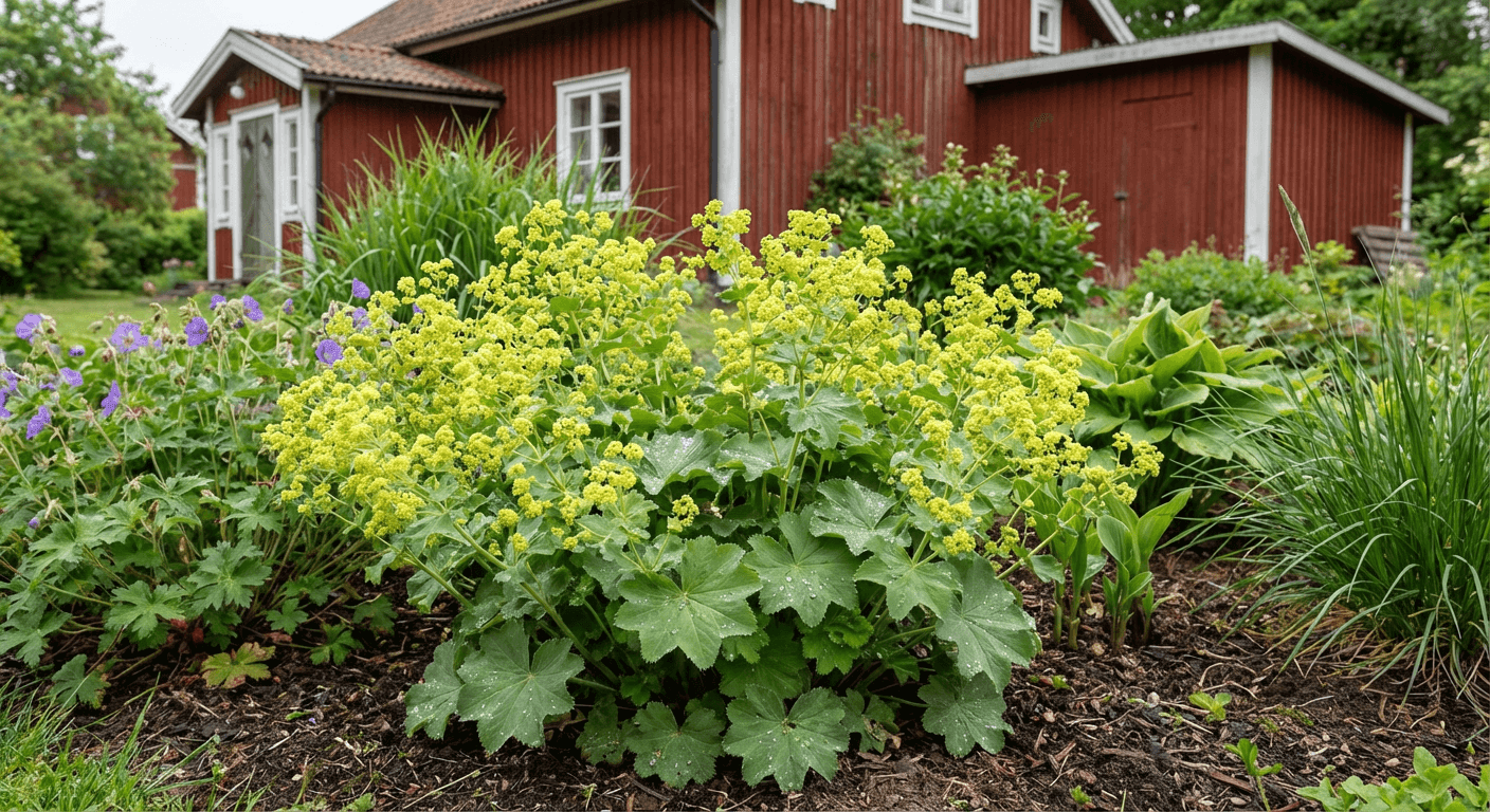 Jättedaggkåpa – silverdaggiga blad och limegröna blommor
