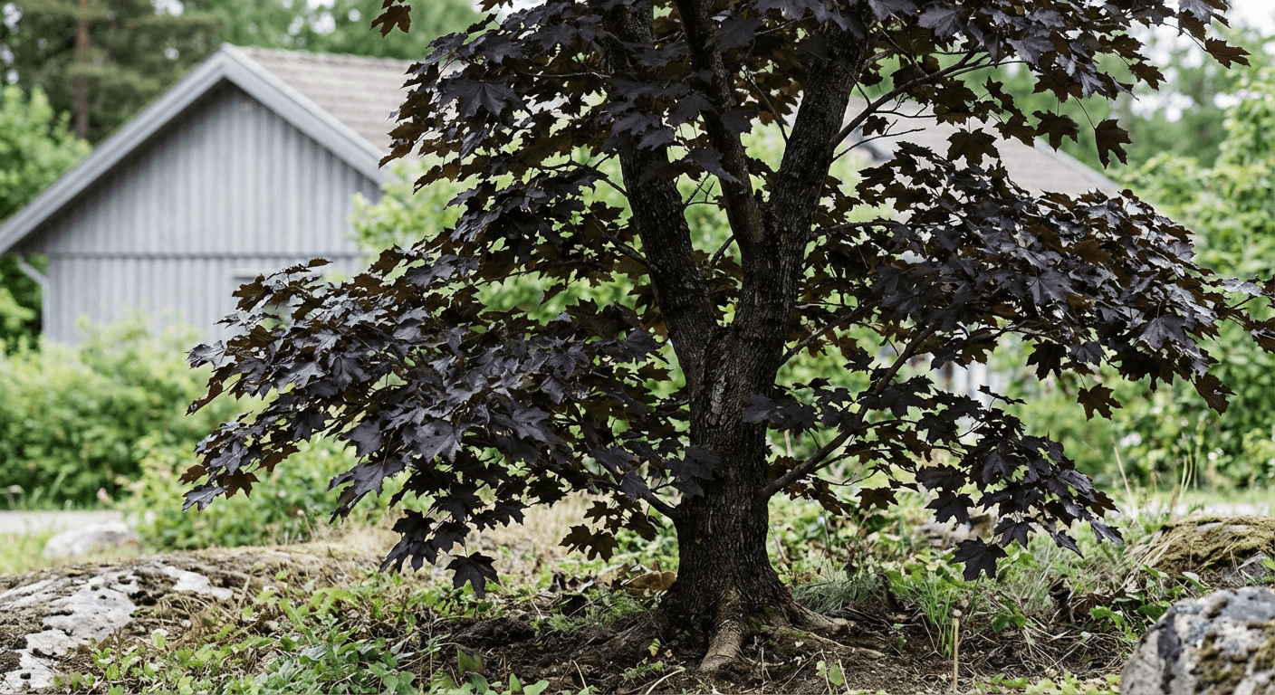 Blodlönn 'Faassen's Black' – mörka blad året runt