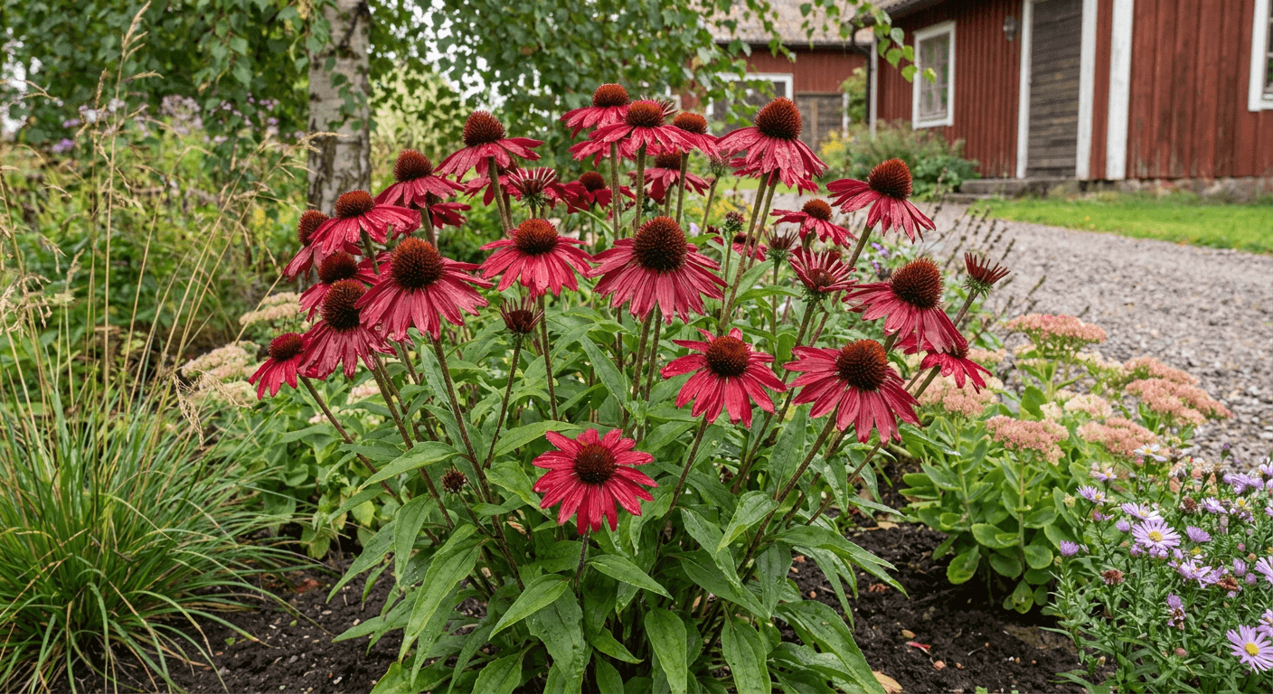 Röd solhatt 'Cherry Brandy' – mörkrosa sensommarblomma