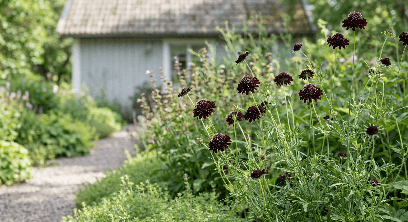 Praktvädd 'Black Knight' – mörka blommor för sommarrabatten