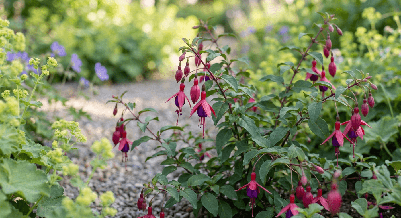 Härdig fuchsia 'Riccartonii' – röda och violetta blommor