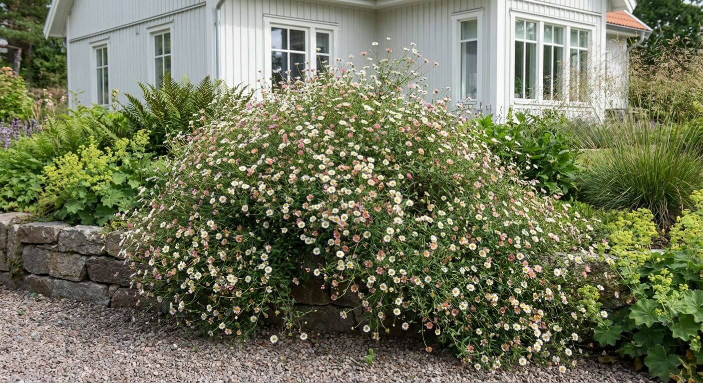 Murbinka – vit och rosa blomregn i kruka, ampel och stenparti