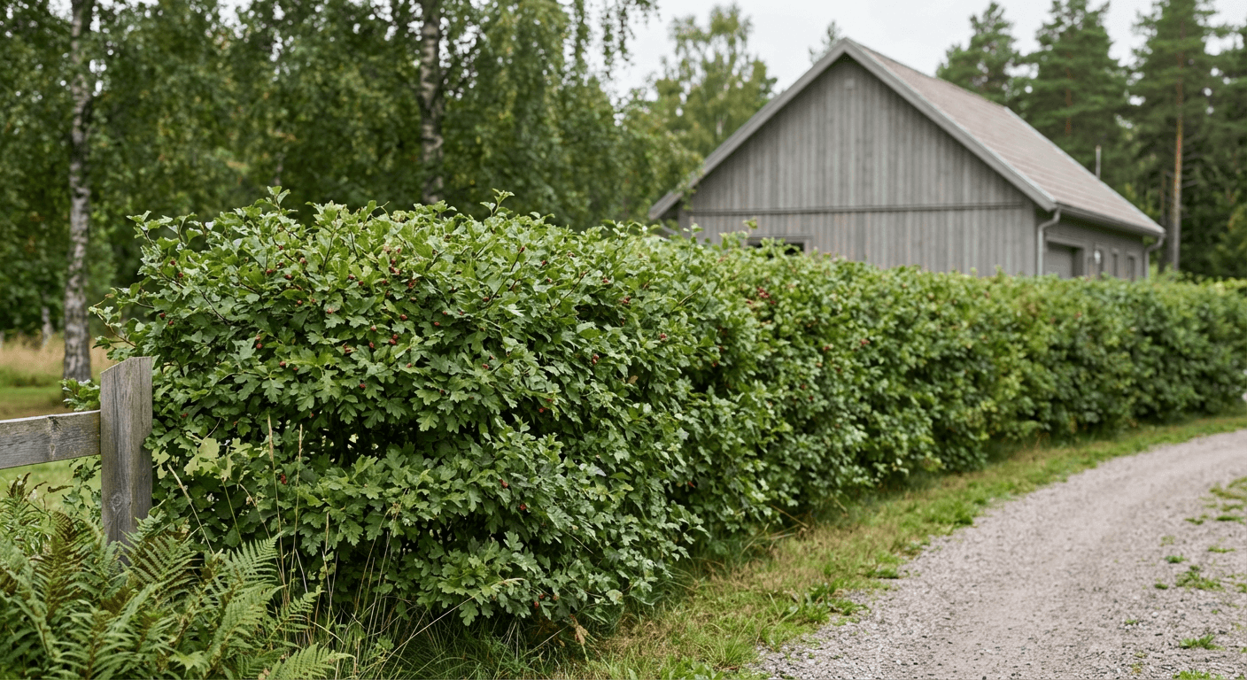 Trubbhagtorn – vit blomning och röda bär