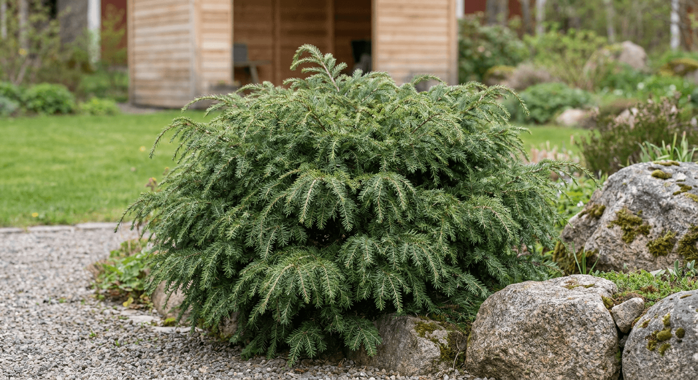 Hemlock 'Jeddeloh' – kompakt barrväxt med fågelbon