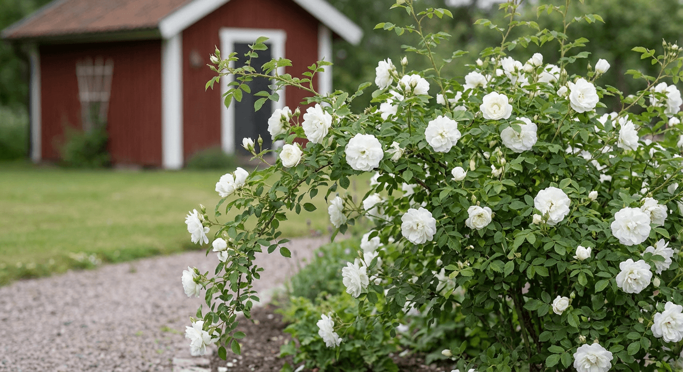 Ros 'Schneewittchen' – vita blommor juni till oktober