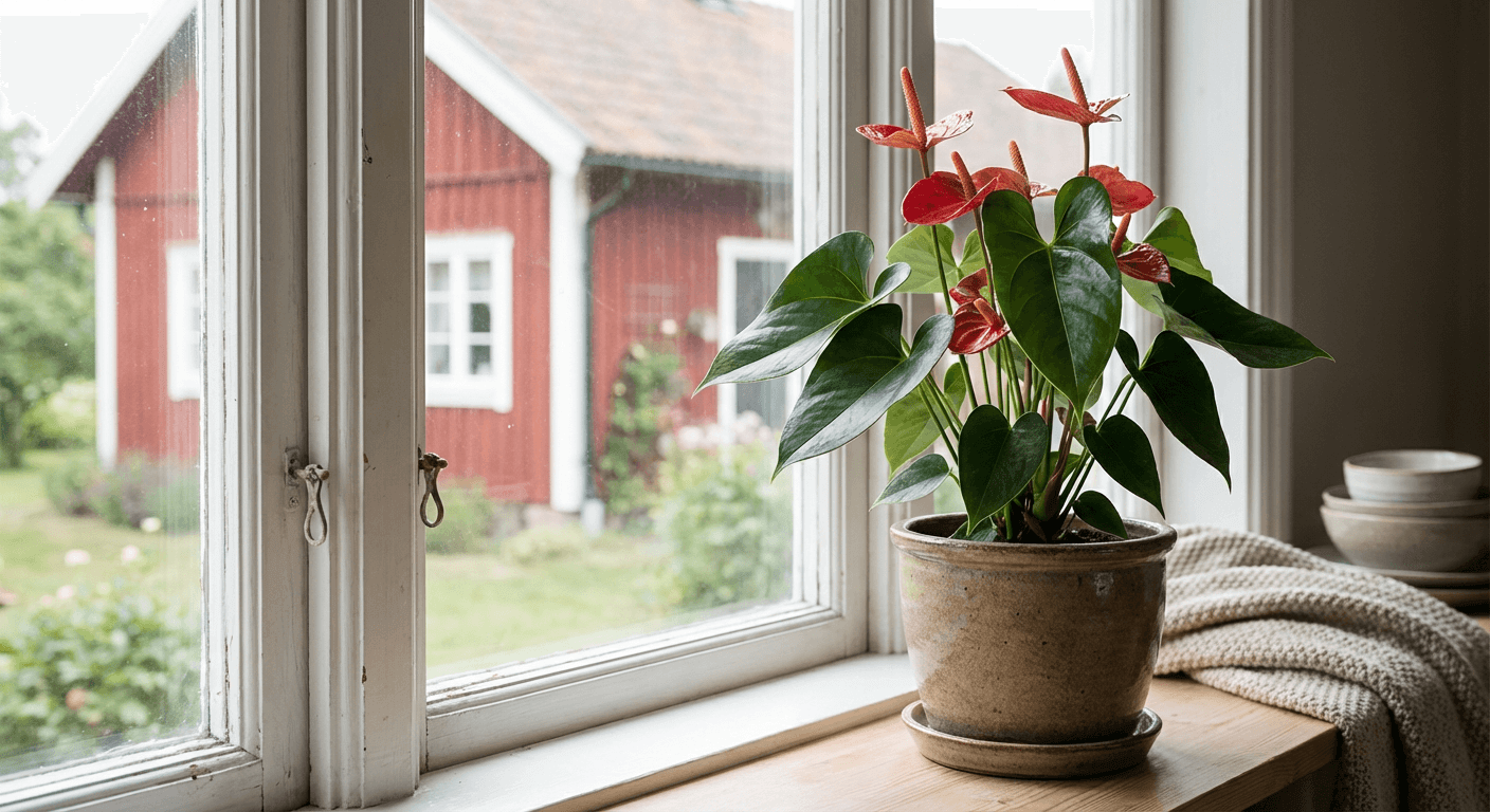 Flamingoblomma – röda hölsterblad och spiralvriden kolv