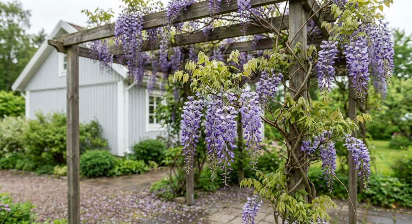 Blåregn 'Prolific' – blomklasar på spaljé