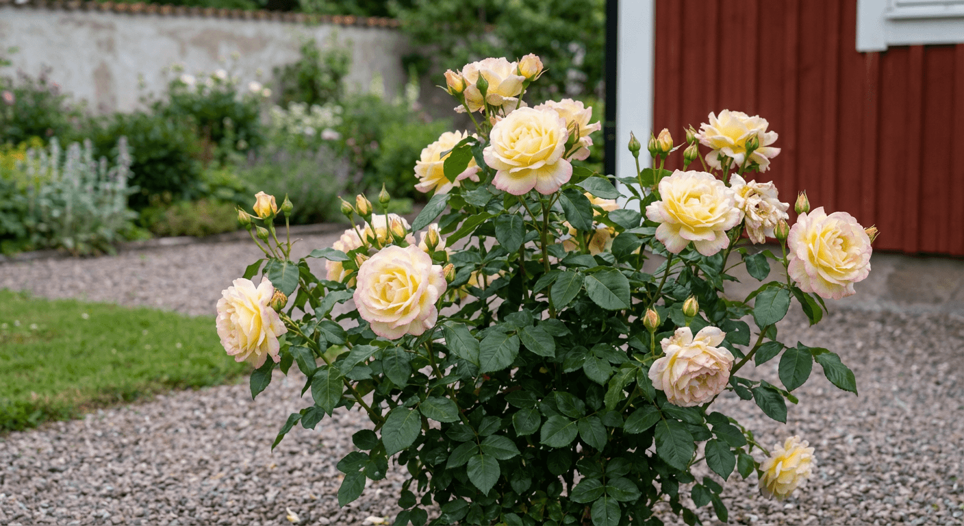Fredsros – rabattros med gula blommor och rosa kant