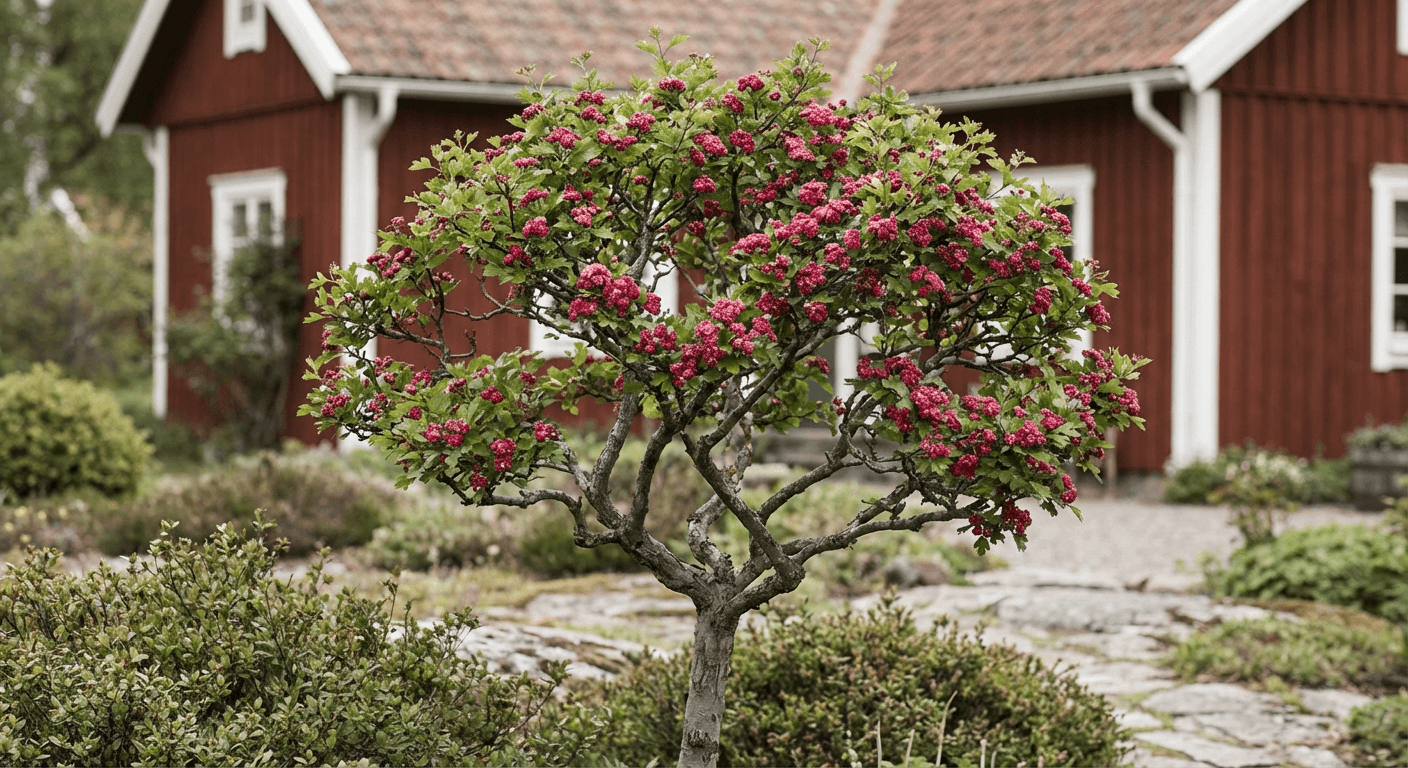 Rosenhagtorn 'Paul's Scarlet' – karminröda blommor i maj