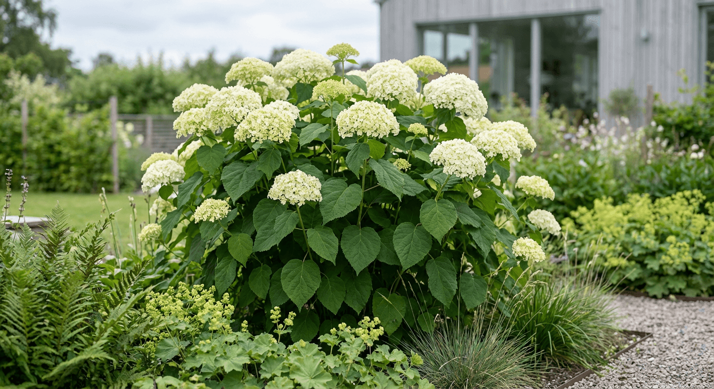 Vidjehortensia – vita blombollar från juli till september