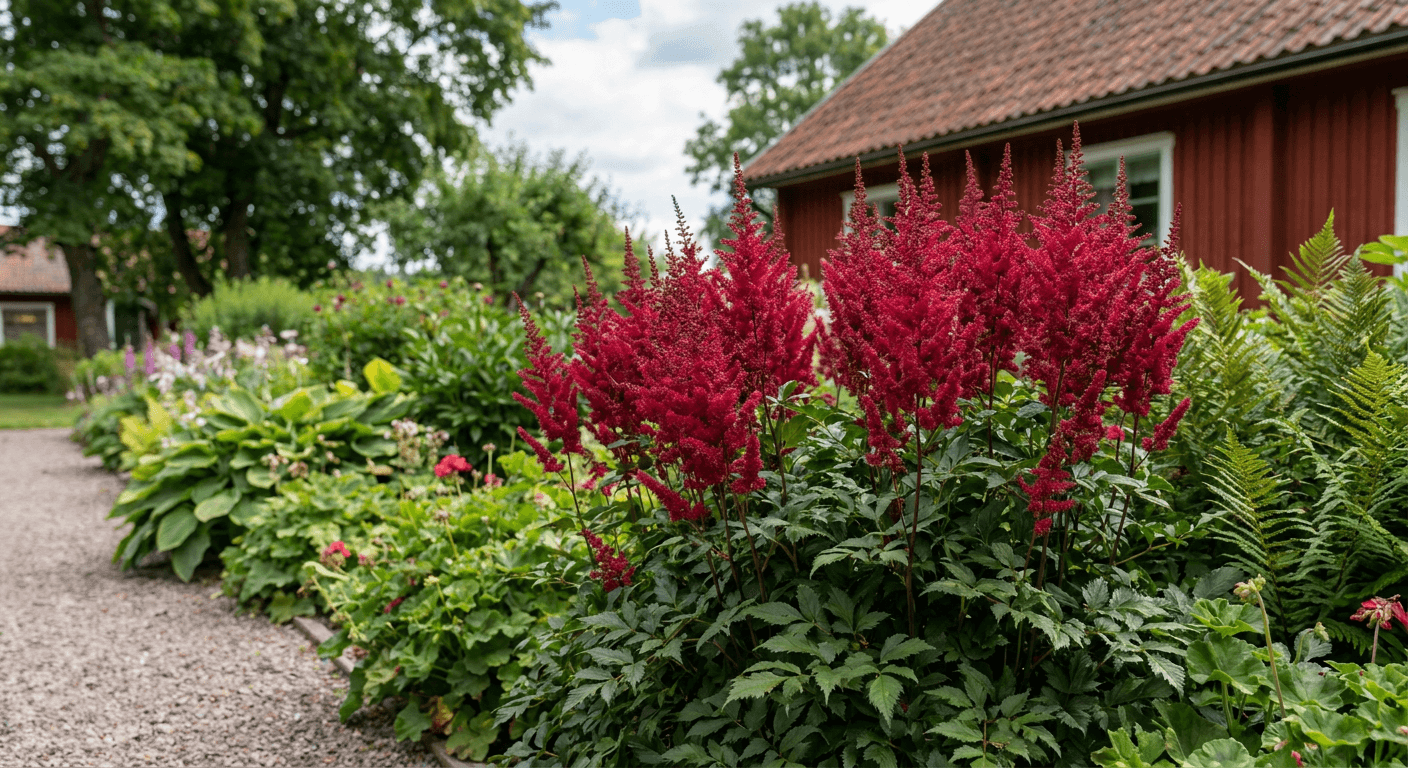 Astilbe 'Fanal' – djupröd prydnadsperenn för skugga