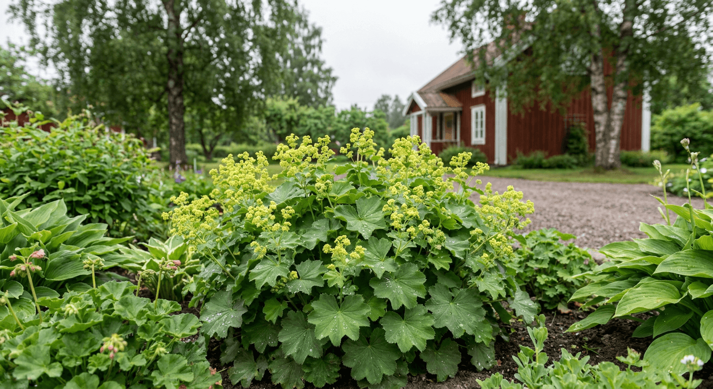 Jättedaggkåpa 'Robusta' – silvergröna blad och gulgröna blommor