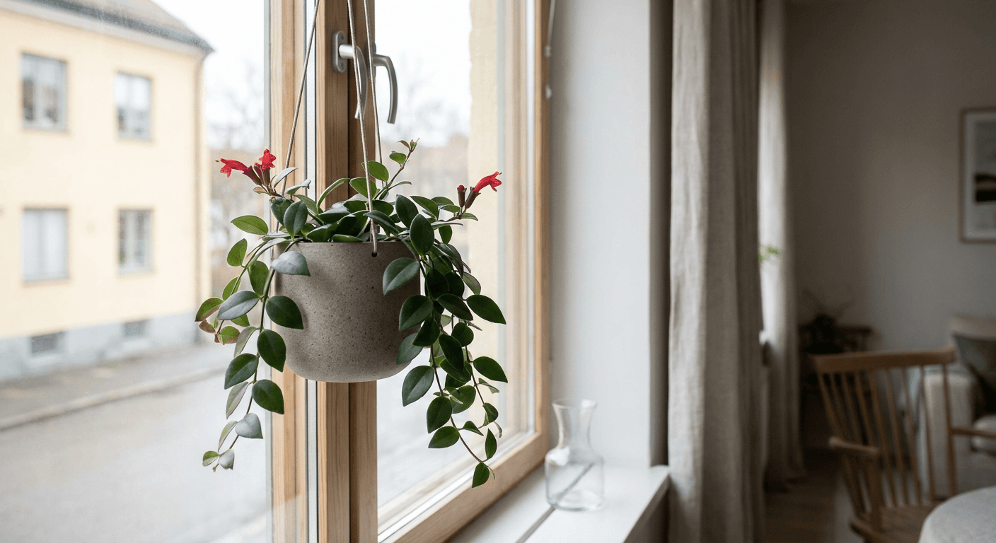 Ampelfackla – hängande bladverk och eldröda blommor