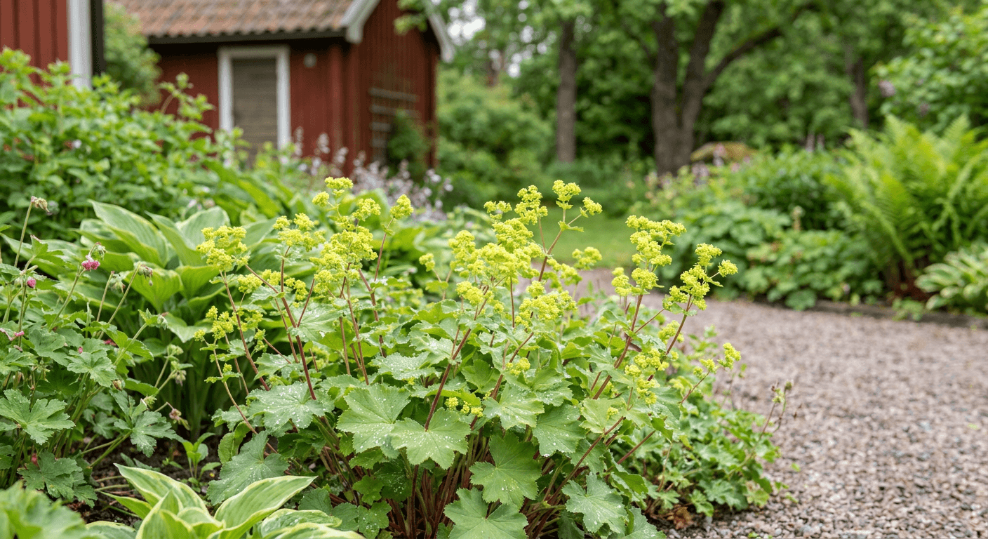 Rödskaftad daggkåpa – silvergröna blad och gulgröna blommor