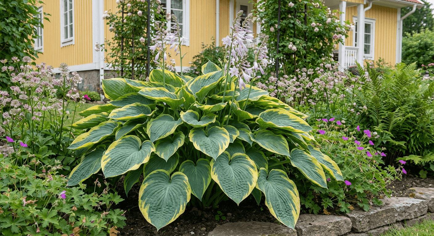 Funkia 'Frances Williams' – stora blad, gul kant
