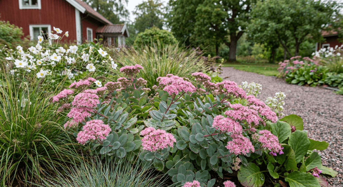Japansk kärleksört – rosa höstblommor i stenpartier