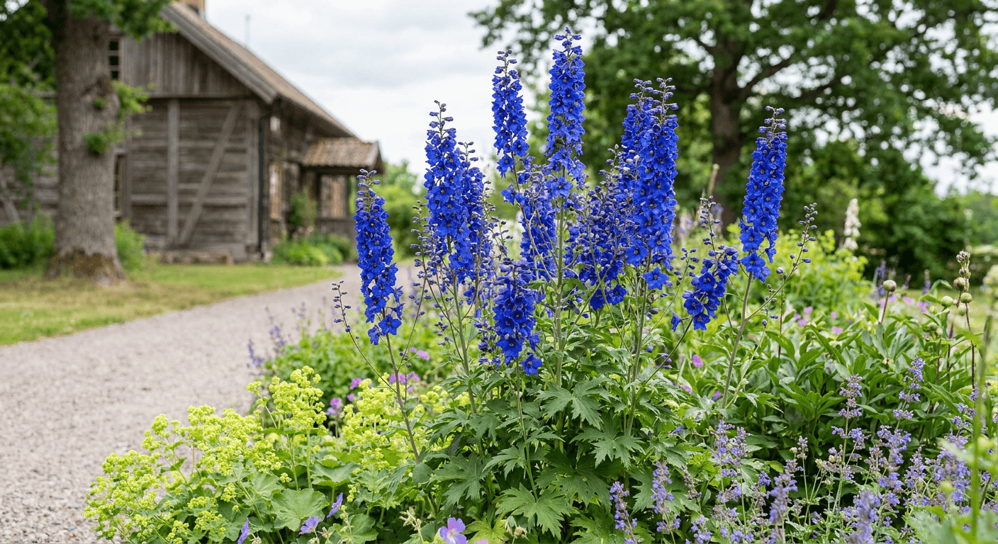 Praktriddarsporre – höga blomspiror i blått