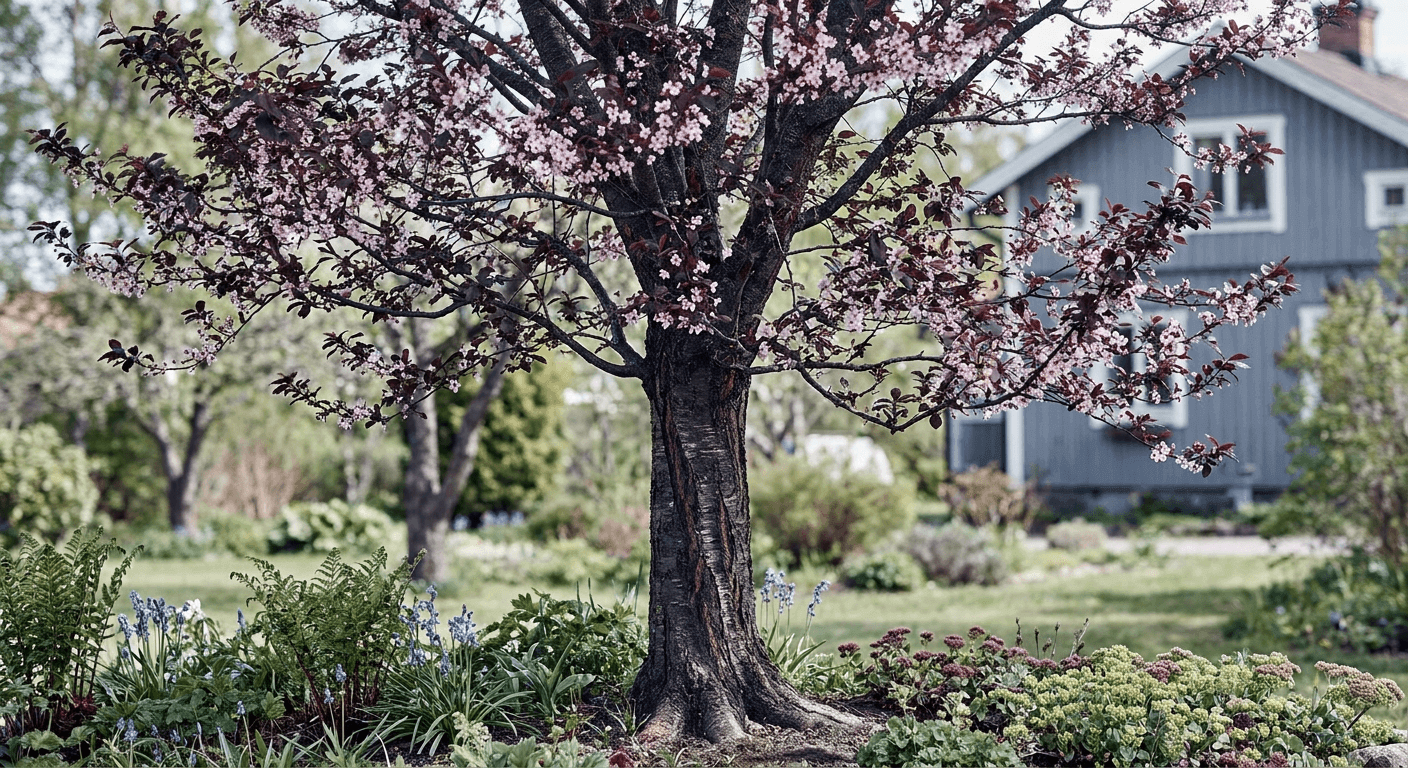 Körsbärsplommon 'Nigra' – purpurröda blad och rosa vårblom
