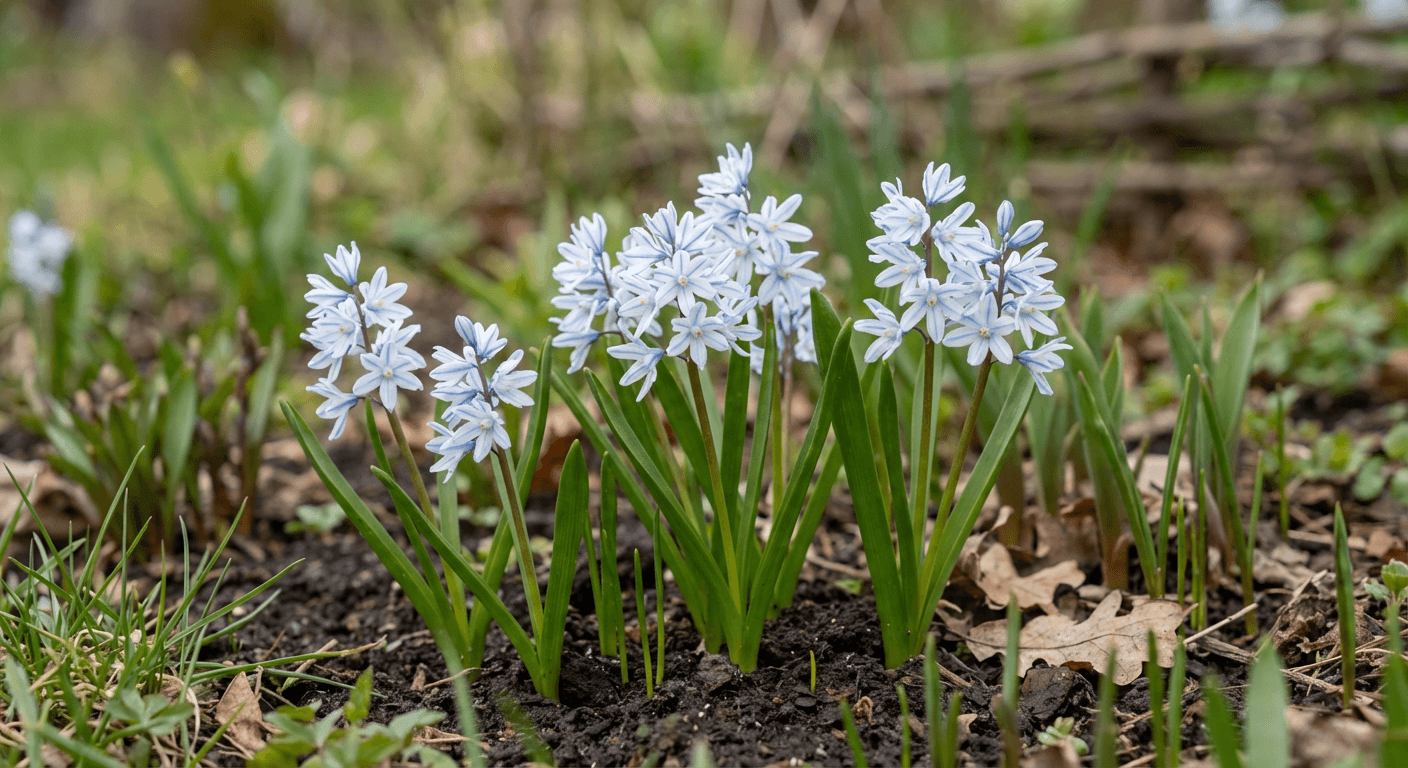 Porslinshyacint – vita blommor med blå strimmor