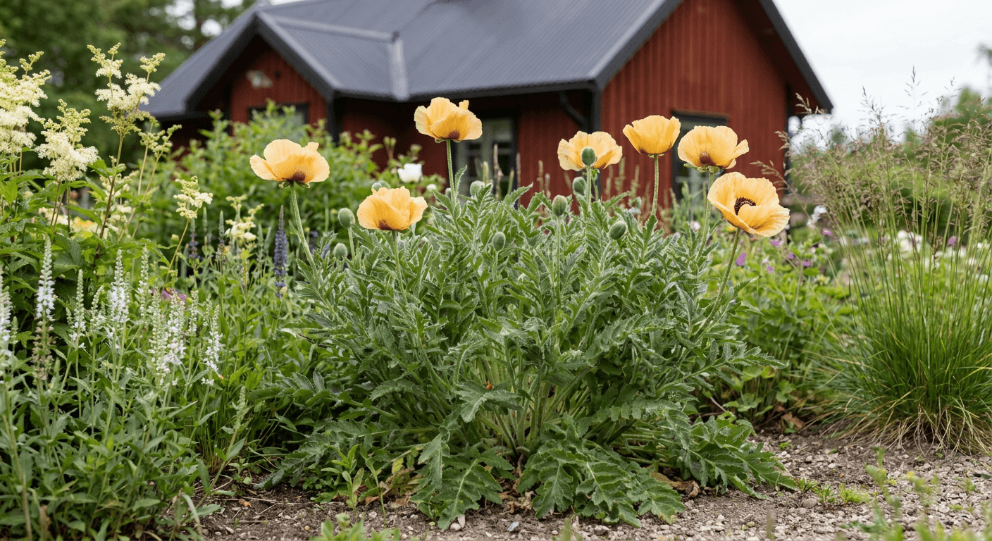 Kurilervallmo – silvriga blad och gula blommor