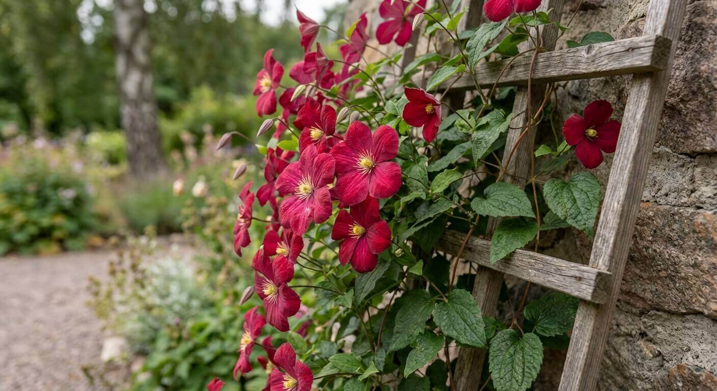 Klematis 'Ville de Lyon' – karminröda blommor juni–september