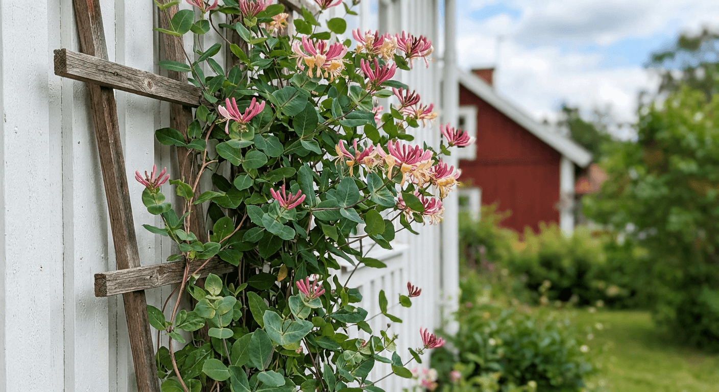 Eldkaprifol – doftande klätterväxt med trumpetblommor i rött och gult