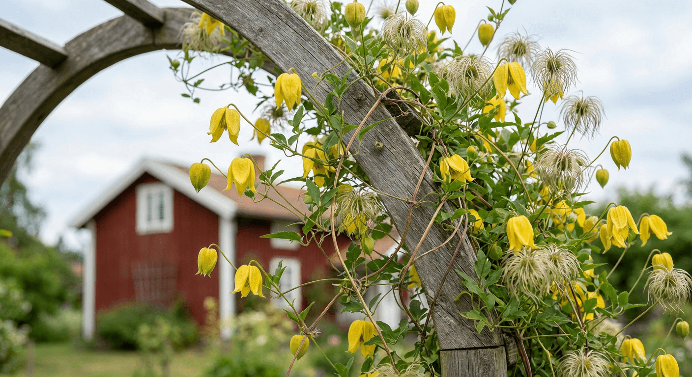 Gullklematis – gula blommor och silvervita fröställningar