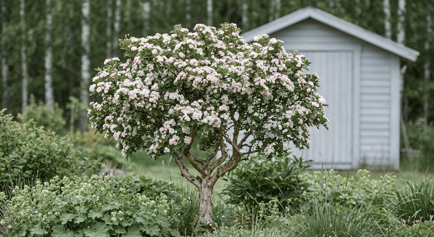 Hagtorn 'Toba' – vita dubbla blommor och höstfrukter