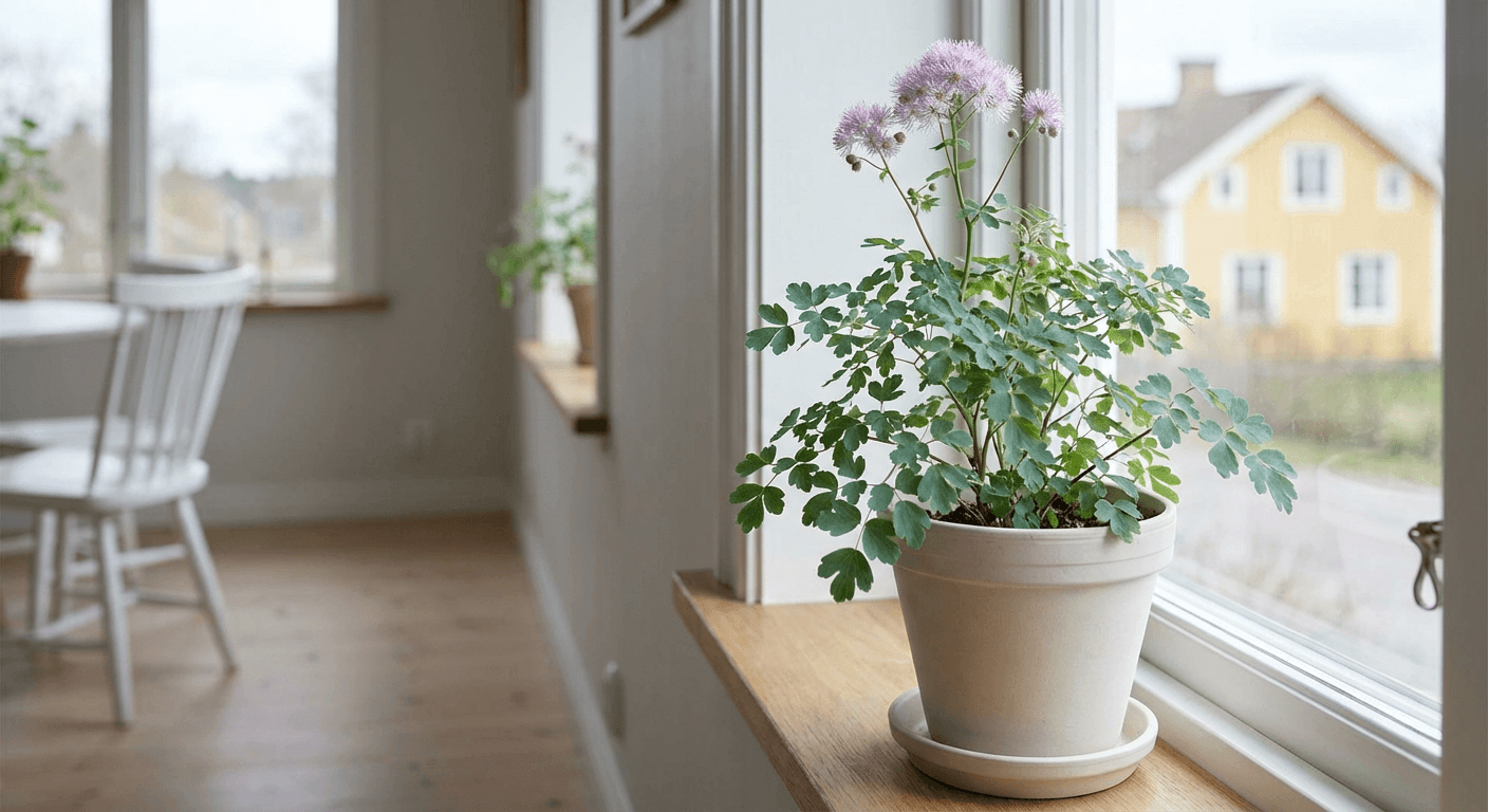 Aklejruta i kruka – lila blomflockar på höga stjälkar