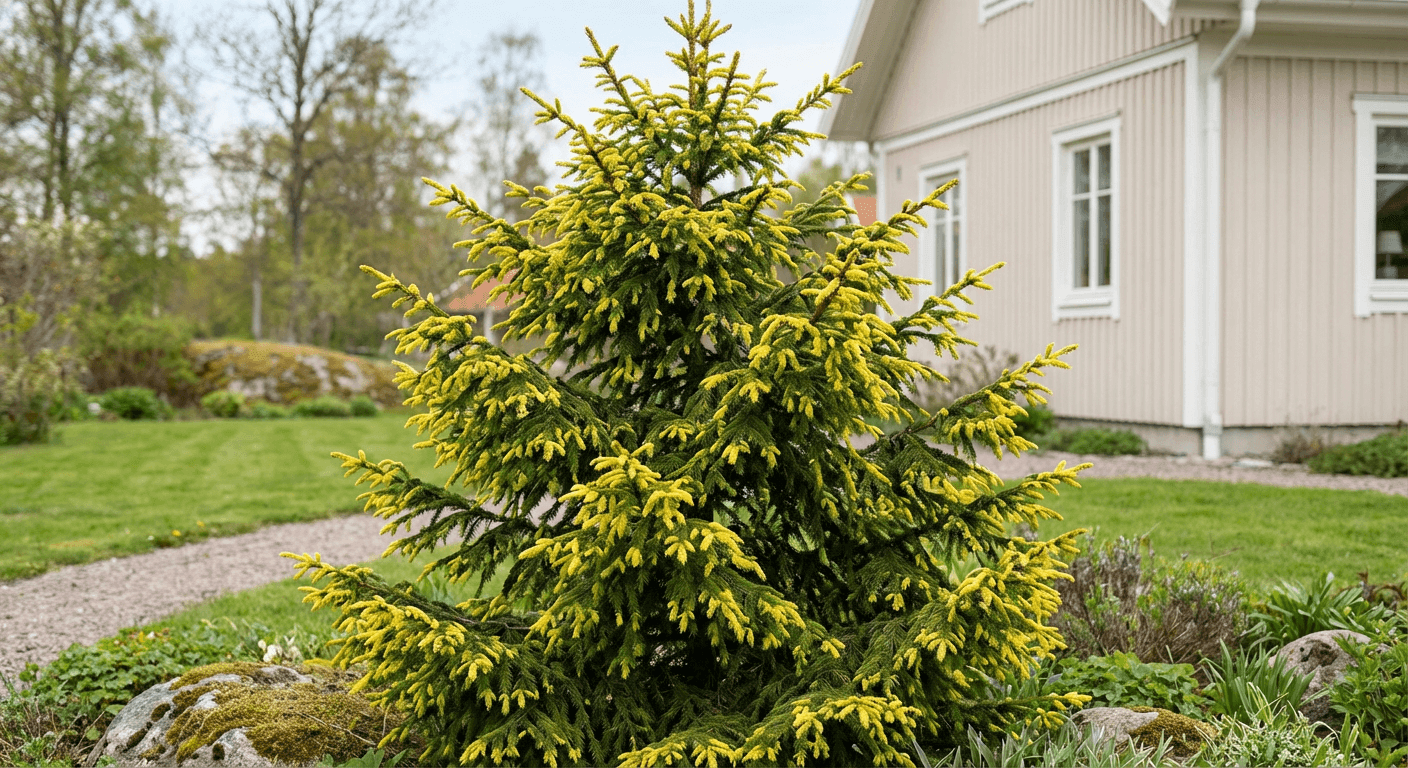 Guldgransgran 'Aureospicata' – barrväxt med gyllene vårskott