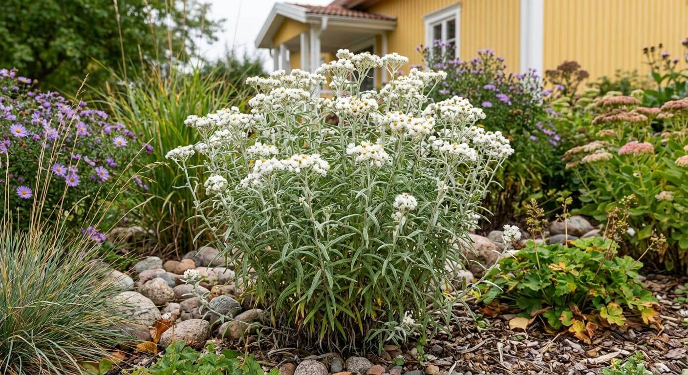Pärleternell – silvergråa blad och vita blommor