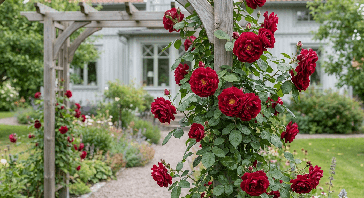 Klätterros 'Sympathie' – djupröda blommor juli–oktober