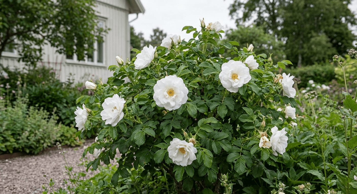 Vresros 'Blanc Double de Coubert' – vita dubbelblommor