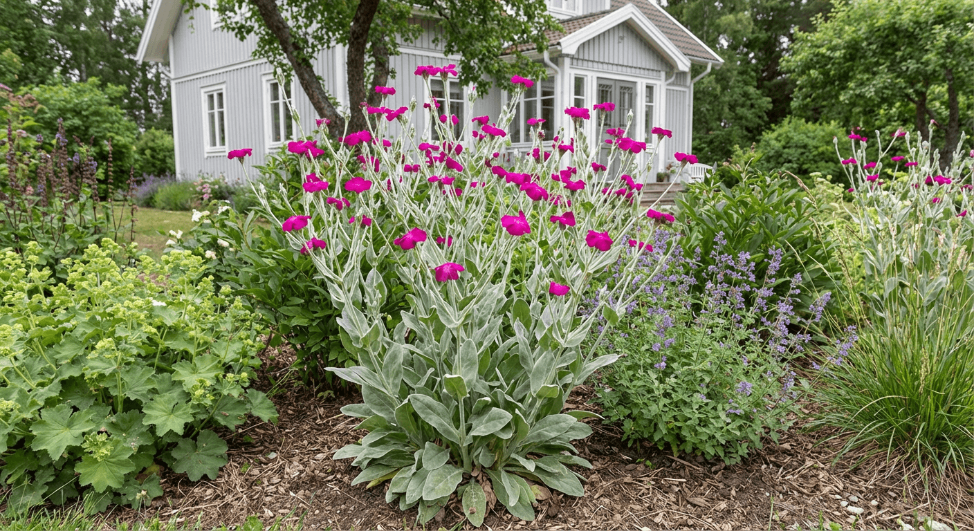Purpurklätt – silverludna blad och cerise blommor